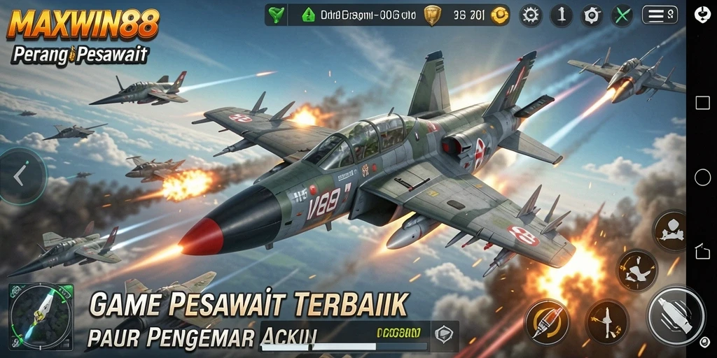 Tangkapan layar utama MAXWIN88 menampilkan aksi pertempuran pesawat yang mendebarkan.