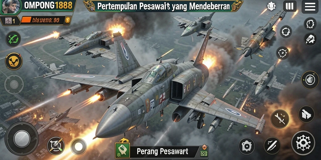 Antarmuka permainan OMPONG188 yang menampilkan pertempuran pesawat seru.